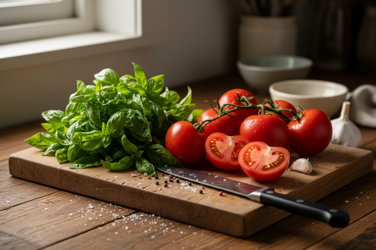 fresh produce of basil tomtoes chopping board